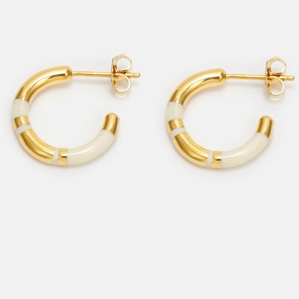 NWT Aurelie Bidermann Positano Ivory Mini Striped Hoop Earrings Ivory/ Gold